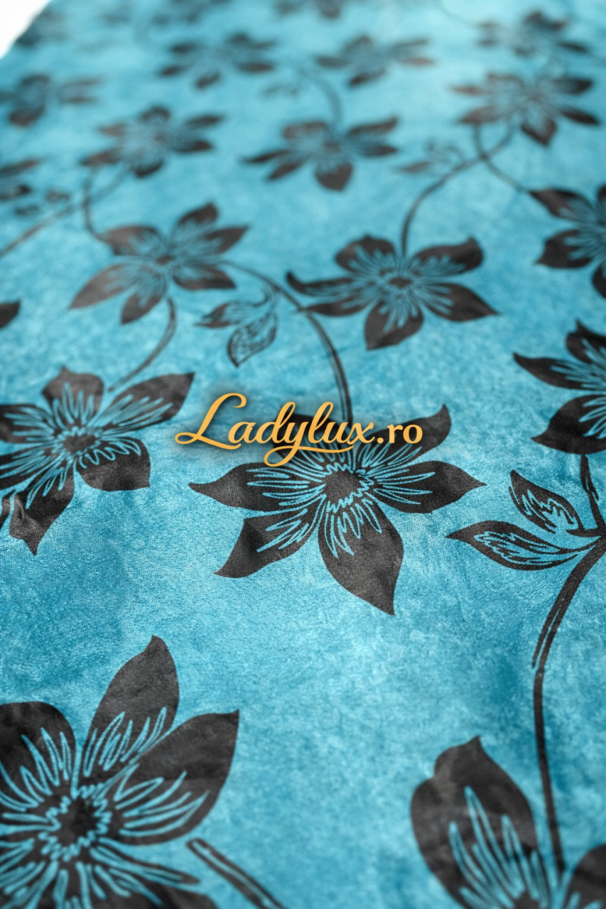 Set Draperii Turcoaz cu Flori Negre 3M x 2.7h - Cu Tiv si Rejansa [2]