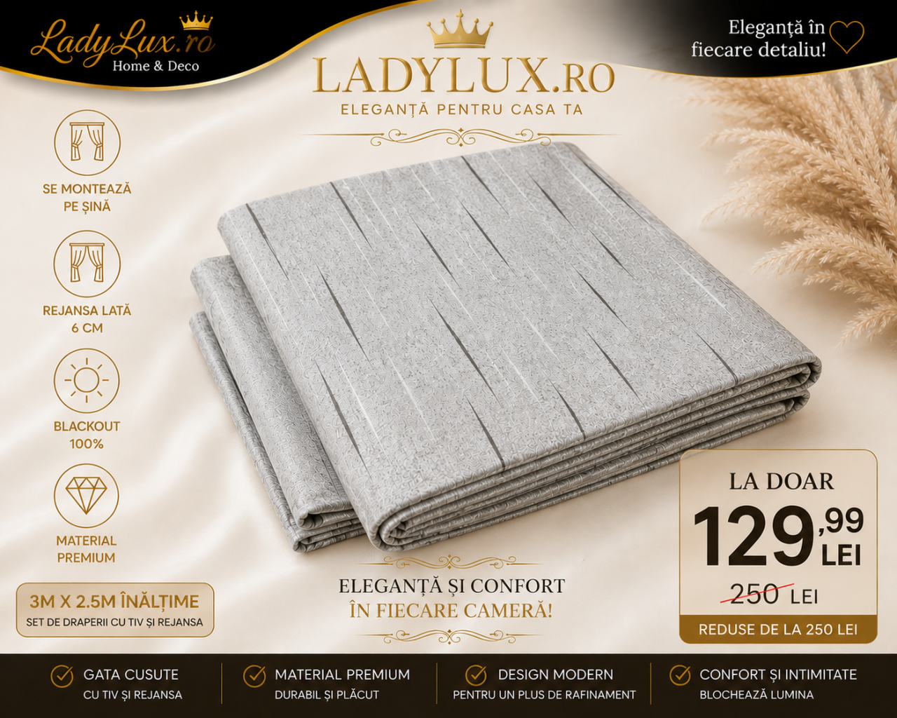 Set Draperii Gri Gata Cusute cu Tiv si Rejansă, 3M x2.5h - Model Striati [2]