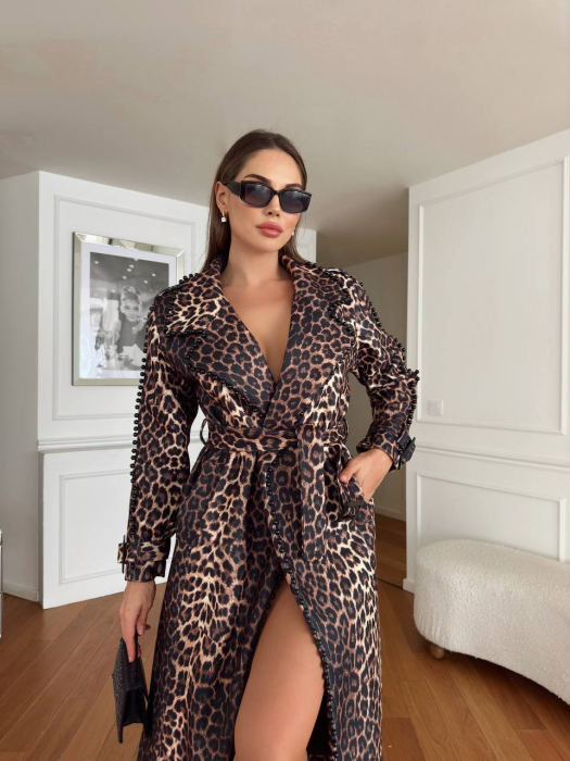 Trench Nepalia model animal print leopard decorat cu perle negre [11]