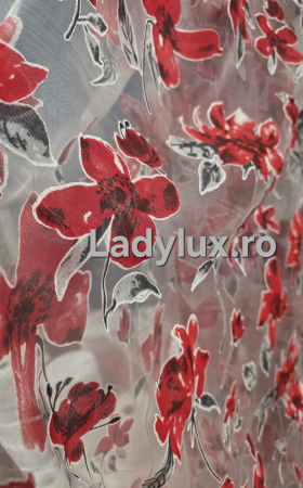 Perdele 4 M - Perdea Organza Imprimata - Model Flori Rosii - 4M x 2.7h Cu Tiv si Rejansa