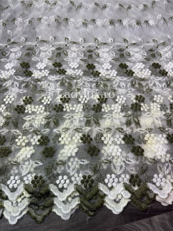 Perdele - Perdea albă cu broderie Verde kaki+alb – gata cusuta cu tiv si rejansa - rafinament și strălucire discretă