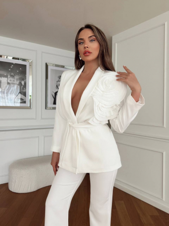 Costum alb Silvet, Sacou si Pantalon cu Floare 3D N110038 [0]