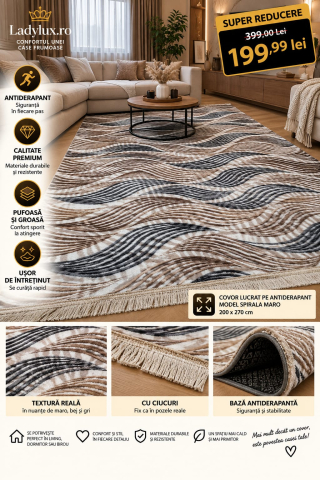 Covoare Mari - Covor 2x2.70 m Lucrat pe Antiderapant- Model Spirala Maro