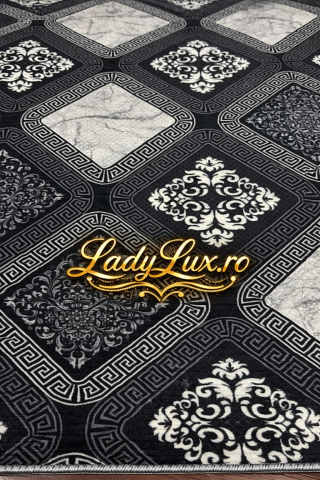 Covor 150x200 - Covor Lucrat pe Antiderapant Model SZG VRS Negru-Gri 150x200 cm