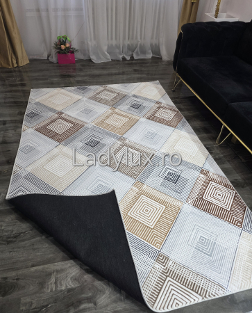Covor modern 150x220 cm cu strat antiderapant – model geometric bej/maro/gri C1357 [3]
