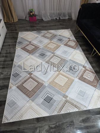 Home&Deco - Covor modern 150x220 cm cu strat antiderapant – model geometric bej/maro/gri C1357