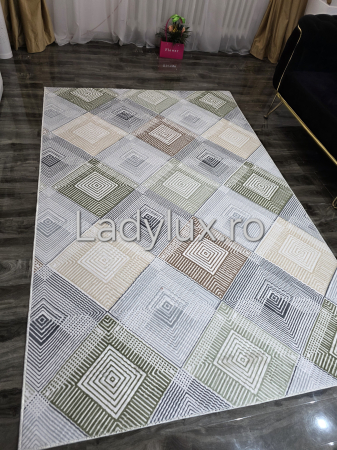 Home&Deco - Covor modern 150x220 cm cu strat antiderapant – model geometric verde/maro/gri C1357-2