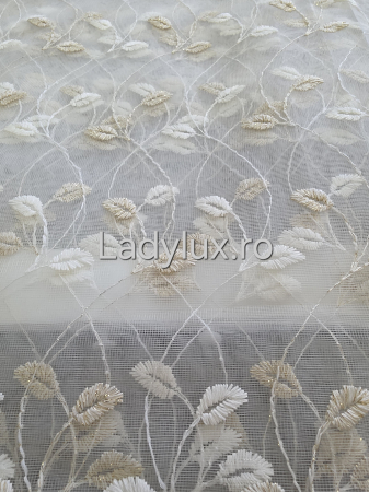 Perdea alba cu broderie Alba+Crem Frunzulite– gata cusuta cu tiv si rejansa - 3M x 2.5h [2]