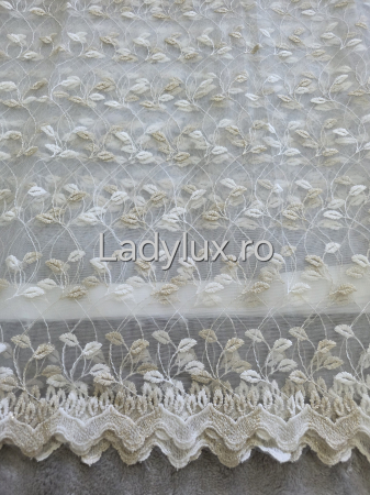 Perdele 3M - Perdea alba cu broderie Alba+Crem Frunzulite– gata cusuta cu tiv si rejansa - 3M x 2.5h