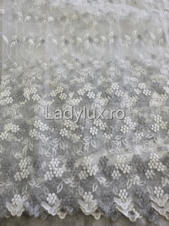 Perdea alba cu broderie Gri Model Flori si frunze– gata cusuta cu tiv si rejansa - 3M x 2.5h [1]