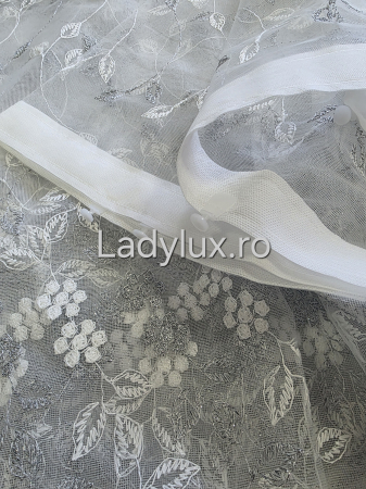 Perdea alba cu broderie Gri Model Flori si frunze– gata cusuta cu tiv si rejansa - 3M x 2.5h [2]