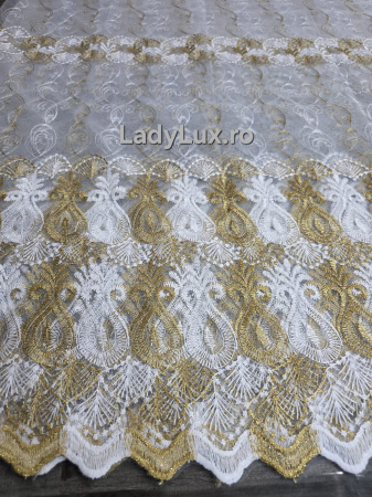 Perdele - Perdea Tulle cu Broderie Alba+Aurie - Model Vaza - Cu Tiv si Rejansa - 3M x 2.5h