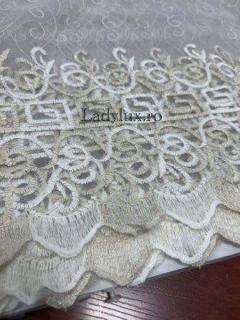 Perdele 3M - Perdea alba cu broderie Crem+Alb Model VRS – gata cusuta cu tiv si rejansa - 3M x 2.5h