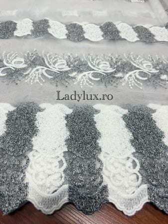 Perdele 3M - Perdea alba cu broderie Gri+Alb Model ASR – gata cusuta cu tiv si rejansa - 3M x 2.5h
