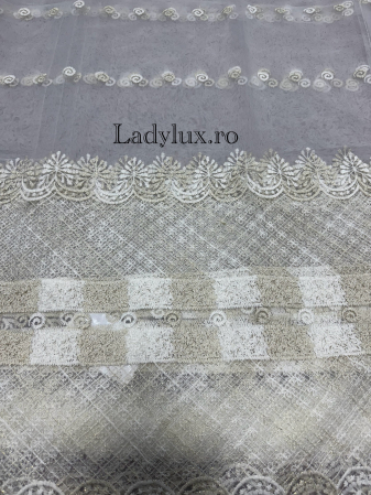 Perdea alba cu broderie Crem+alb  plin Model FLR – gata cusuta cu tiv si rejansa - 3M x 2.5h [1]