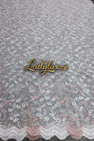 Perdele 4 M - Perdea Tull Cu Broderie Alba+Roz - Model Frunzulita Cu Tiv si Rejansa - 4M x 2.5h
