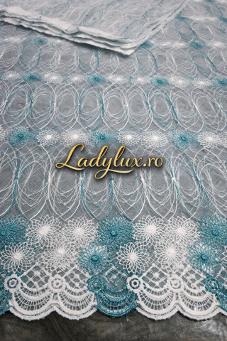 Perdea Tull cu Broderie Alba+Turcoaz - 4M x 2.5h -Cu Tiv si Rejansa