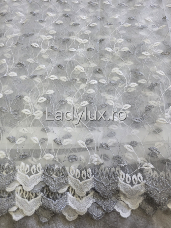 Perdele - Perdea alba cu broderie Gri Model Frunze– gata cusuta cu tiv si rejansa - 3M x 2.5h