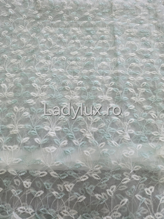 Perdea alba cu broderie Turcoaz frunze– gata cusuta cu tiv si rejansa - 3M x 2.5h [1]