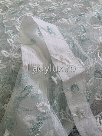 Perdea alba cu broderie Turcoaz frunze– gata cusuta cu tiv si rejansa - 3M x 2.5h [2]