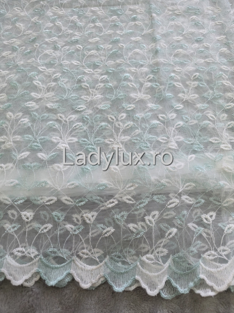 Perdele 3M - Perdea alba cu broderie Turcoaz frunze– gata cusuta cu tiv si rejansa - 3M x 2.5h