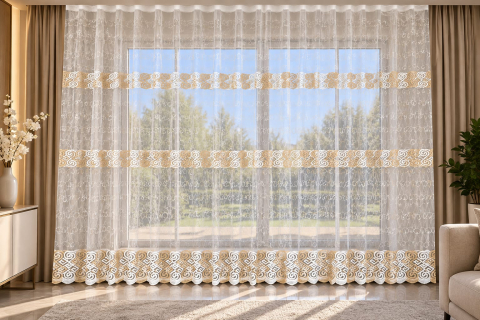 Perdele 3M - Perdea Aurie Model Spirala  Cu Tiv si rejansa - 3.5 M x 2.5h