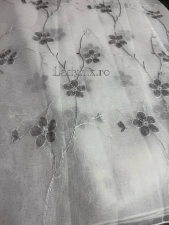 Perdele 3M - Perdea din in cu broderie florală Gri Antracit – 3m lățime x 2.5m înălțime - C1620