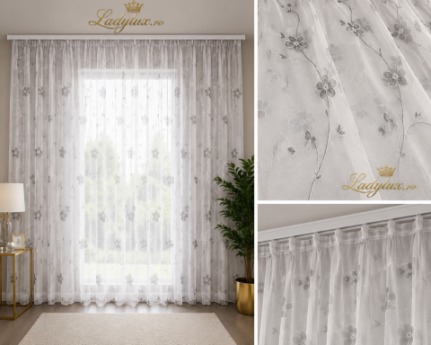 Perdele 3M - Perdea din in cu broderie florală Gri Antracit - 3m lățime x 2.5m înălțime - C1620