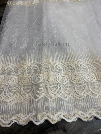 Perdele 4 M - Perdea din Tull cu Model – 4 m x 2.8 m, Cusută cu Tiv și Rejansă de 6 cm - Broderie Bej C1590