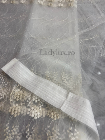 Perdea din Tull cu Model – 4 m x 2.8 m, Cusută cu Tiv și Rejansă de 6 cm - Broderie Bej C1591 [2]