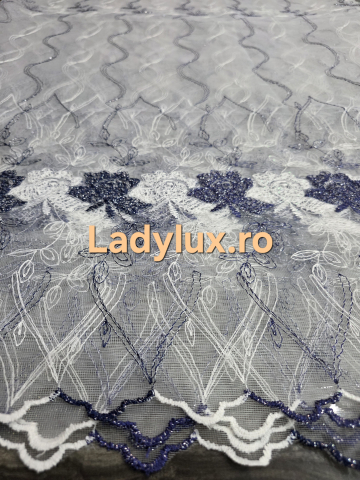 Perdele 4 M - Perdea Tulle cu broderie Alb+Albastru - Model Trandafir Albastru 4M x 2.5h