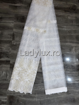 Perdea din tulle cu broderie Alb+bej model floral, gata făcută cu tiv și rejansă C1458 [1]