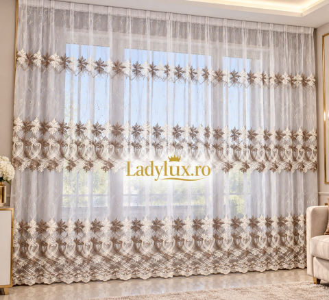 Perdele 4 M - Perdea din tulle cu broderie Alb+ Maro 4M x 2.5h - Model Paun