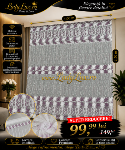 Perdele 4 M - Perdea din tulle cu broderie Alb+MOV  Model Frunze  4M x 2.5h -