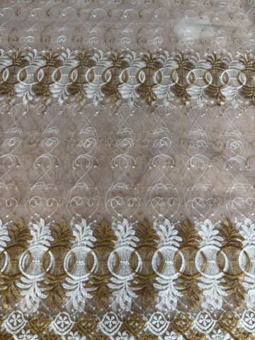 Perdele 3M - Perdea din tulle cu broderie Alba+Aurie, Model Cerc Antic  3M x 2.5h