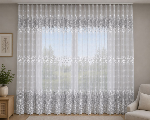 Perdele - Perdea din tulle cu broderie Alba+Gri  Model  Elegance  4M x 2.5h
