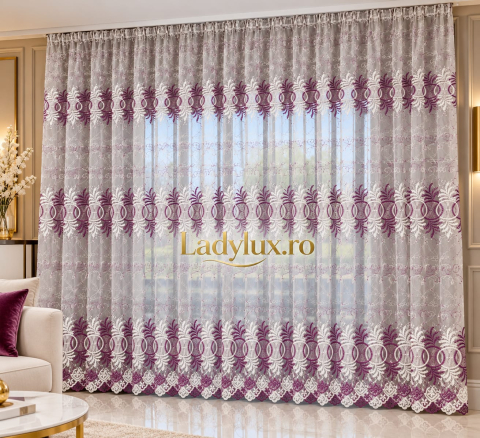 Perdele 4 M - Perdea din tulle cu broderie Alba+Mov, Model Imperial II   4M x 2.5h
