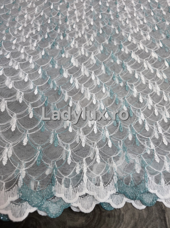 Perdele 4 M - Perdea Tulle cu Broderie Alb+Turcoaz Model Sirena 4M x 2.5h Cu Tiv si Rejansa