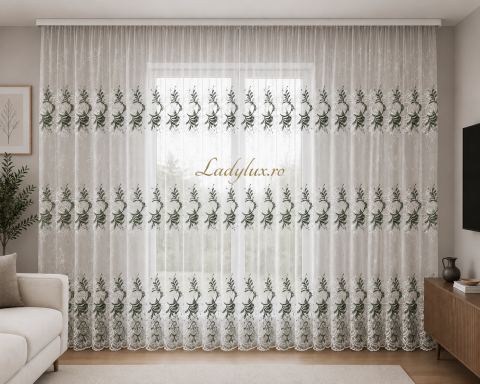 Perdele - Perdea din tulle cu broderie Alba+Verde, Model Imperial 4M x 2.5h