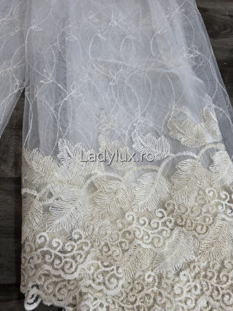 Perdele - Perdea din tulle cu broderie Bej model frunze, gata făcută cu tiv și rejansă C1451