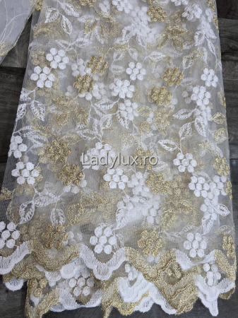 Perdele - Perdea Tulle cu Broderie Alba+Aurie - Model Ciorchine - Cu Tiv si Rejansa - 4M x 2.5h