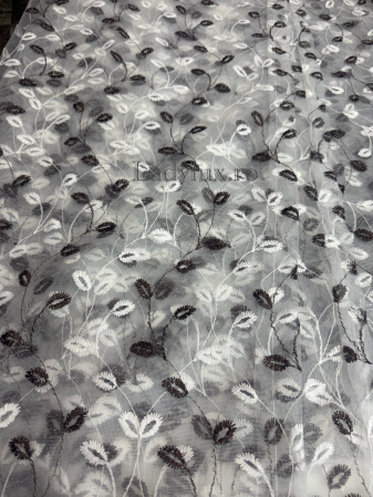 Perdea din tulle cu broderie Brawn+bej , model frunze, gata făcută cu tiv și rejansă C1593 [1]