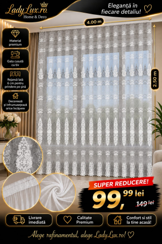 Perdele 4 M - Perdea din tulle cu broderie Gri+alb, Model  Egipt 4M x 2.5h