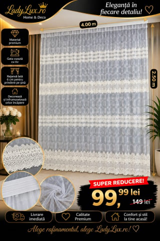 Perdele 4 M - Perdea din tulle cu broderie Ivoar, Model  Imperial Floral Two  4M x 2.5h