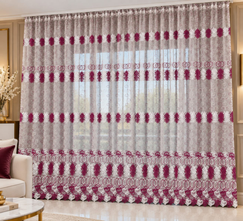 Perdele - Perdea din tulle cu broderie Mov+Alb, Model  Imperial  4M x 2.5h