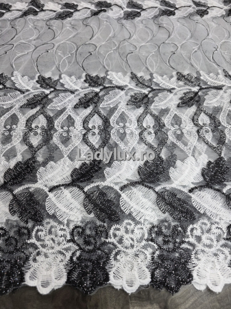 Perdele - Perdea Tulle cu Broderie Negru+alb Model Frunze 3M x 2.5h Cu Tiv si Rejansa