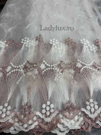 Perdea din tulle cu broderie Roz+alb , model clepsidra, gata făcută cu tiv și rejansă C1597 [1]