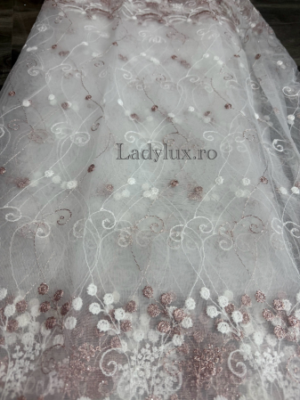 Perdea din tulle cu broderie Roz+alb , model floral, gata făcută cu tiv și rejansă C1598 [1]