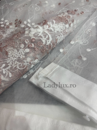 Perdea din tulle cu broderie Roz+alb , model floral, gata făcută cu tiv și rejansă C1598 [2]