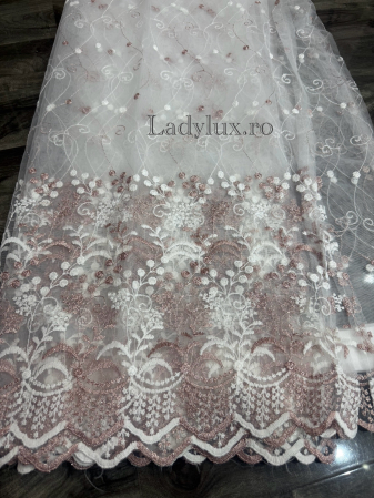 Perdele 3M - Perdea din tulle cu broderie Roz+alb , model floral, gata făcută cu tiv și rejansă C1598